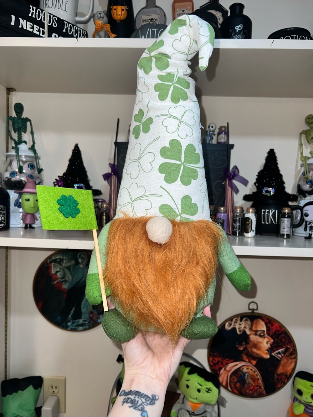 St. Patrick's Four-Leaf Clover Gnome Plush Hat - Green & White